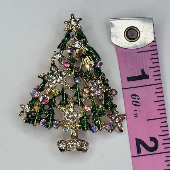 Christmas Tree Brooch in Green with White Star Ornaments - Picture 5 of 5